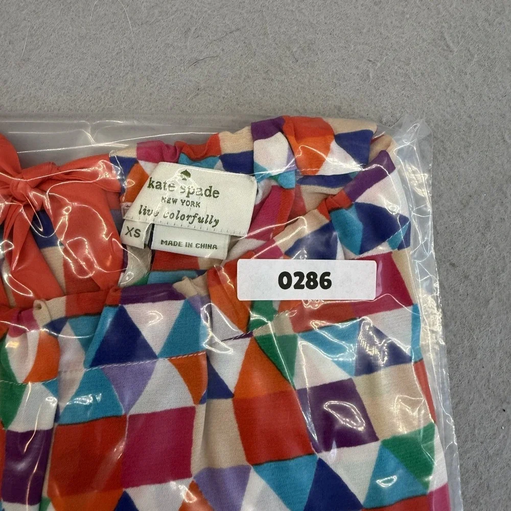 Kate‎ Spade Selena Silk Blouse XS Geometric Diamond Print High Neck Bow Tie Back